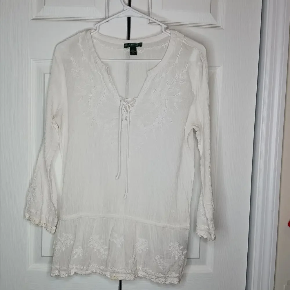 Lauren Ralph Lauren Cotton Peasant Embroidered Tunic Top Sz S